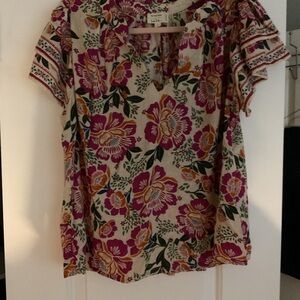 Vibrant Floral Blouse with Pink and Orange Accents